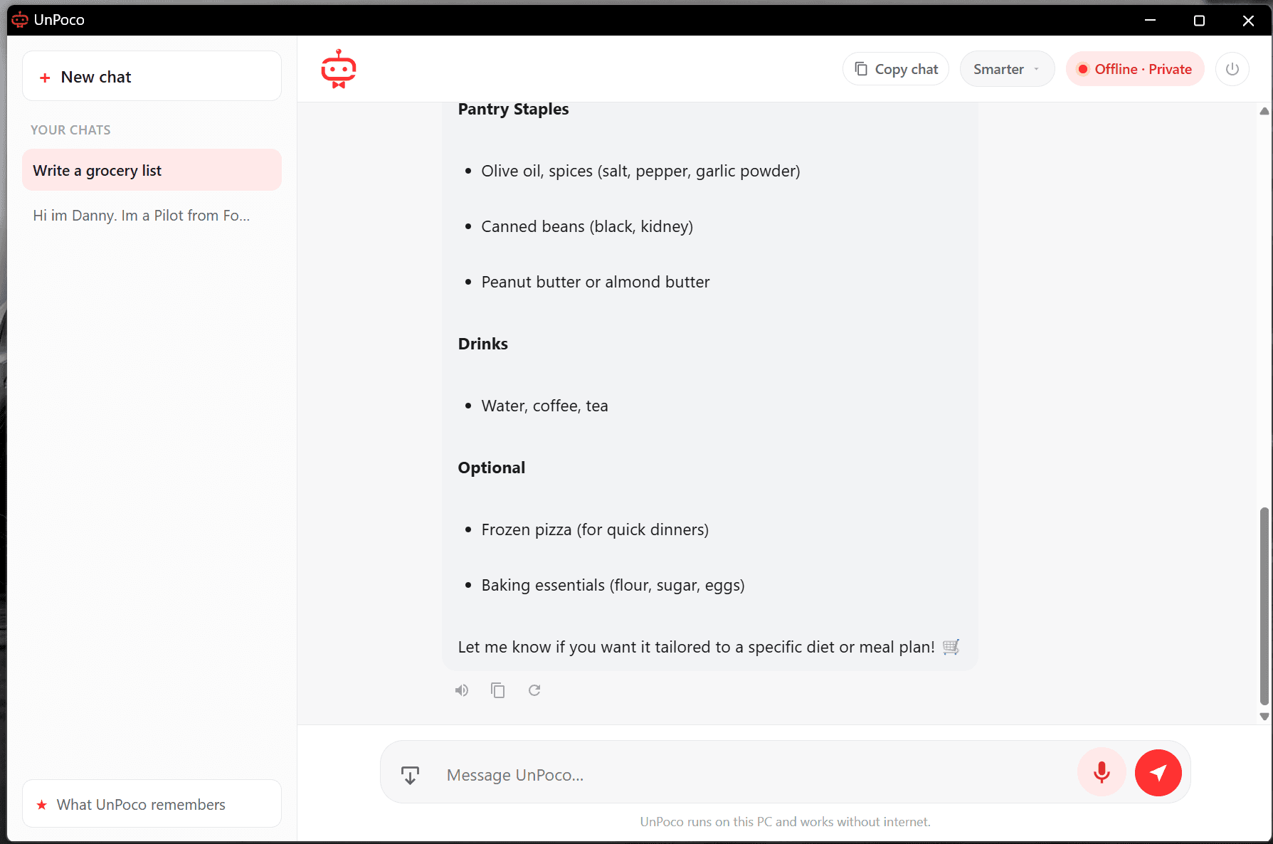 UnPoco writing a grocery list, organised by aisle, fully offline.