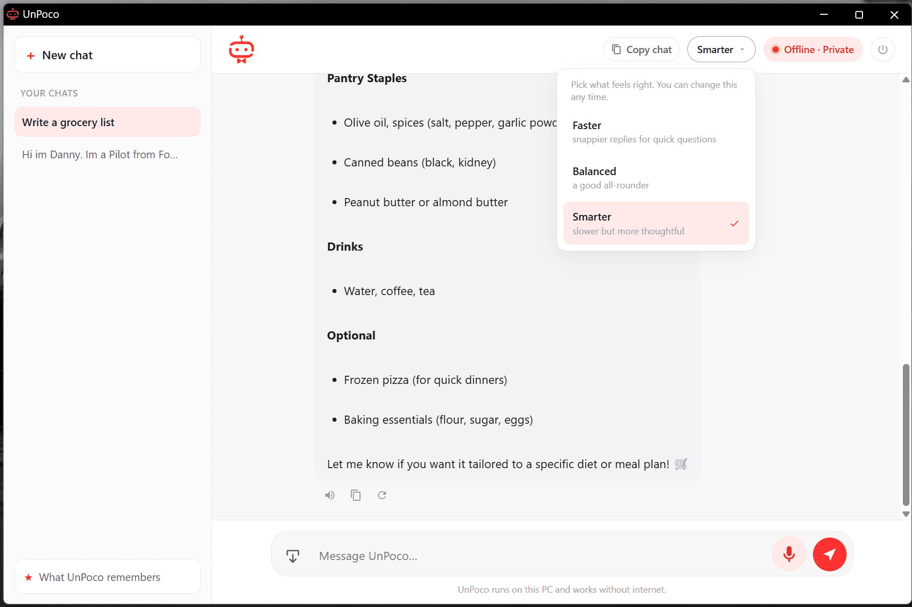 UnPoco's speed menu: Faster, Balanced and Smarter options.